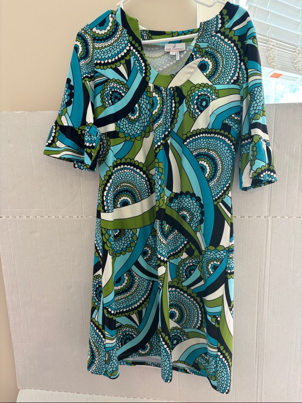 Jude Connally Teal, Aqua & Green Retro Pattern Dress